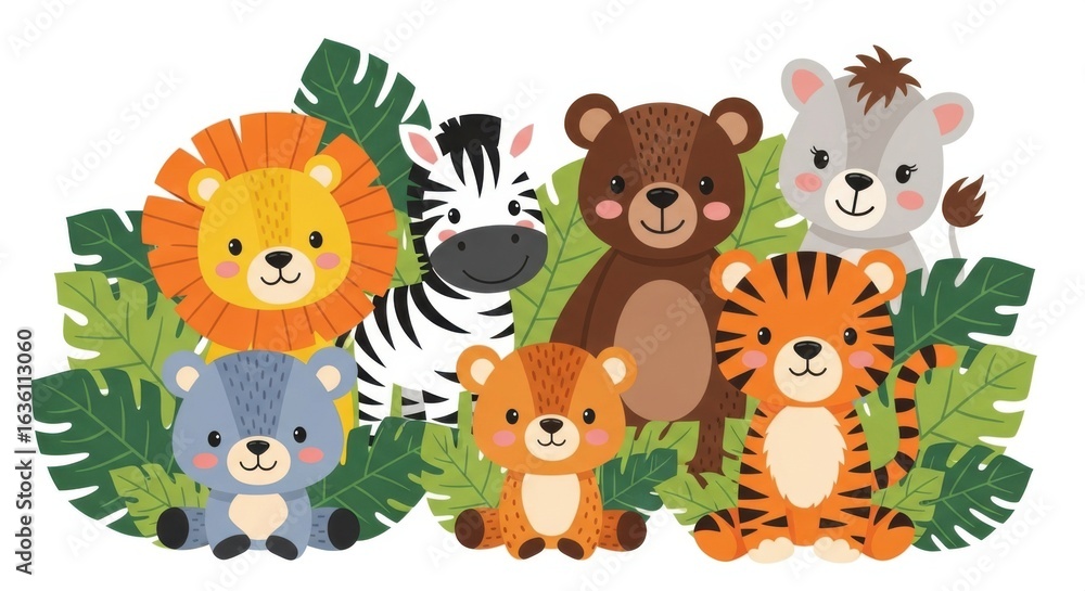 Naklejka premium A charming cartoon featuring a collection of adorable jungle animals amidst lush greenery.