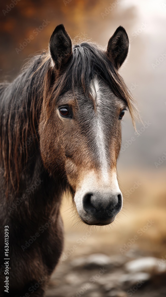 Fototapeta premium Close-up of a majestic horse standing in a serene autumn landscape under soft natural lighting