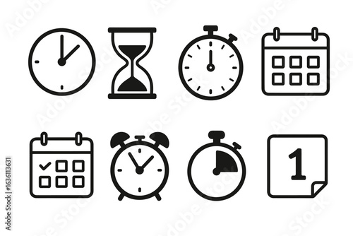Collection of time and calendar icons: clocks, hourglass, stopwatch, and alarms