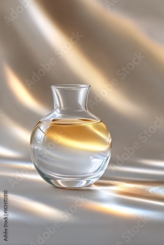 Elegant glass vase with golden liquid on shimmering surface