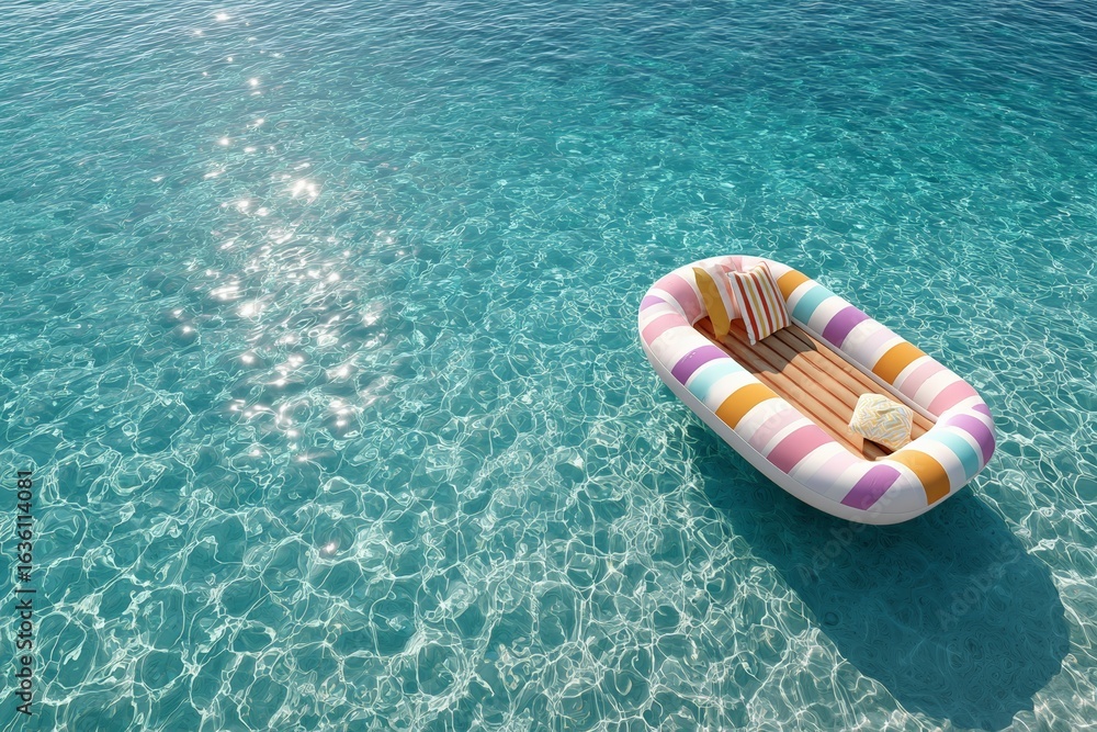 Naklejka premium Colorful striped inflatable raft floating on clear blue ocean water