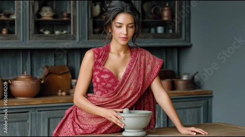 A beautiful woman in traditional attire expertly grinds ingredients with a mortar and pestle in a rustic kitchen, showcasing culinary skill.