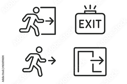 Emergency exit icons: simple black and white safety symbols