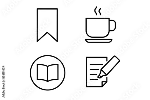 Simple line art icons: bookmark, coffee, book, writing