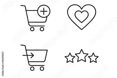 Shopping icons: cart, wishlist, favorites, and rating symbols