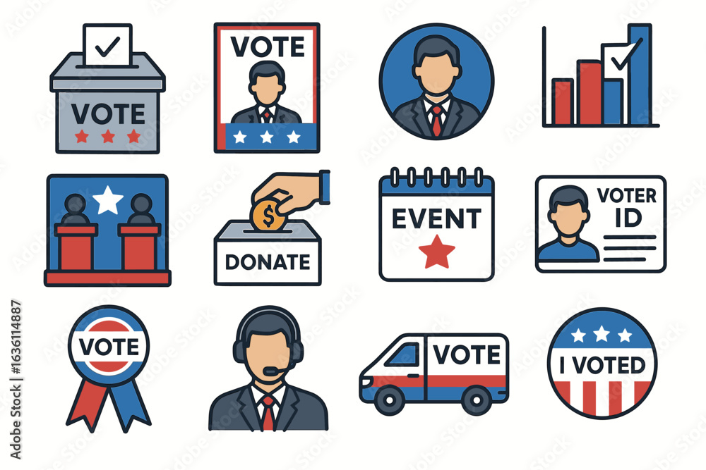 Fototapeta premium Voting and election icons set with diverse elements and symbols