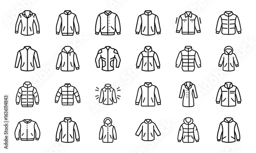 Winter Jacket and Coat Icon Set – Minimal Line Style Vector Illustrations of Outerwear, Puffer Jackets, Parkas, Hooded Coats, and Fashion Clothing Icons for Cold Weather Design Projects