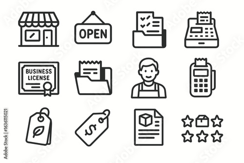 Retail business icons: shop, license, payment, tags, stars, clerk