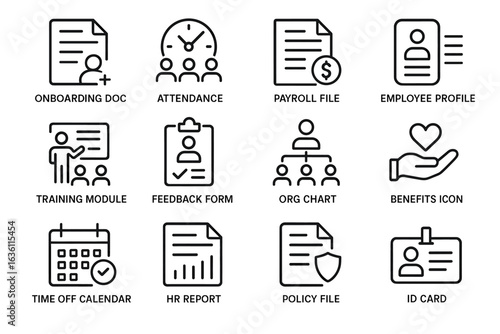 Essential hr icons: documents, payroll, feedback, benefits, and identification