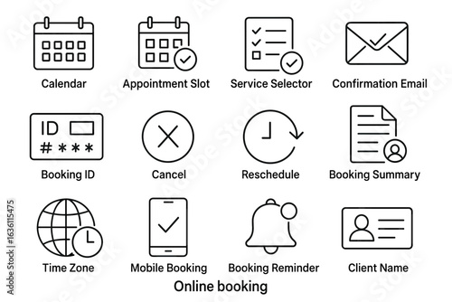 Online booking icons: calendar, appointment, service, email, id, cancel, reschedule, summary