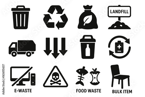 Waste management icons: recycling, e-waste, food waste, landfill, bulk disposal