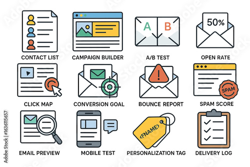 Email marketing tools and features icons overview