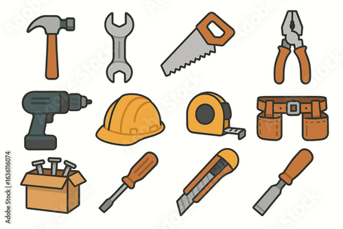 Various construction tools including hammer, drill, and saw in cartoon style