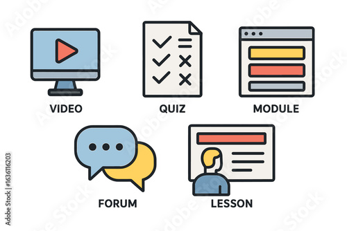 E-learning icons: video, quiz, module, forum, lesson for online education