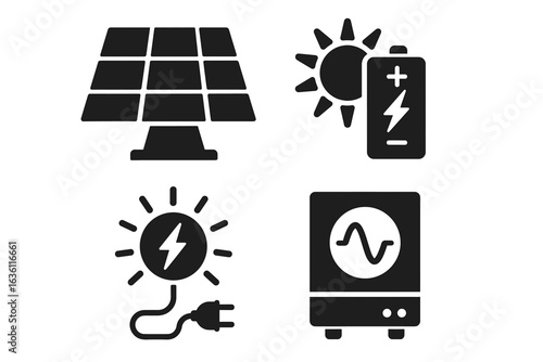 Solar energy icons: panel, battery, plug, inverter symbols for renewable power