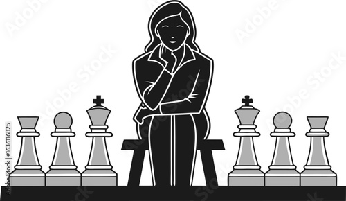Woman strategizing with chess pieces on a board
