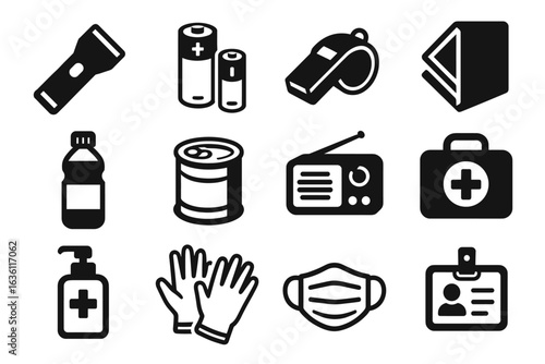 Emergency preparedness icons set: flashlight, batteries, whistle, food, radio, first aid