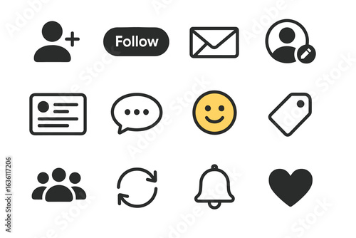 Social media icons set: follow, message, tag, user, bell, heart, update