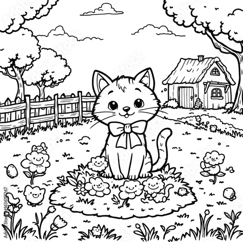 Cute cat with bow sitting on grass in countryside landscape with flowers, trees, fence, and cozy house in background