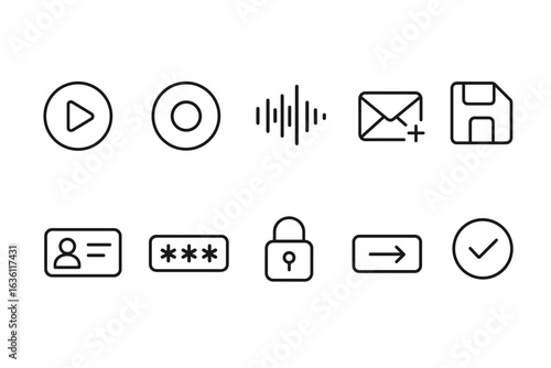 Minimal outline icons: play, record, message, save, id, password, lock, arrow, checkmark