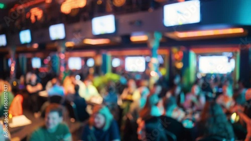 Wallpaper Mural The Blurry Background of a Crowded Entertainment Venue featuring Dim Lighting along with Multiple Screens Torontodigital.ca