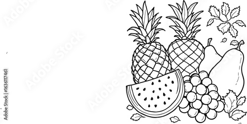 Colorful fruit collection vector with pineapple, watermelon, grapes, and pears arranged in a fresh tropical composition