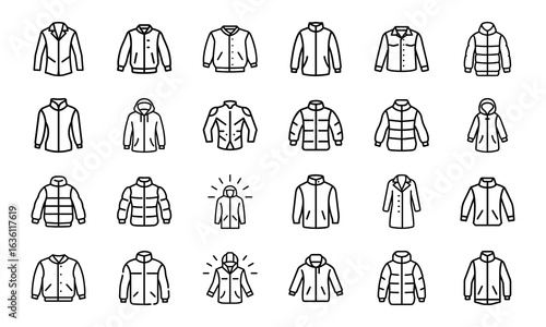 Winter Jacket and Coat Icon Set – Minimal Line Style Vector Illustrations of Outerwear, Puffer Jackets, Parkas, Hooded Coats, and Fashion Clothing Icons for Cold Weather Design Projects