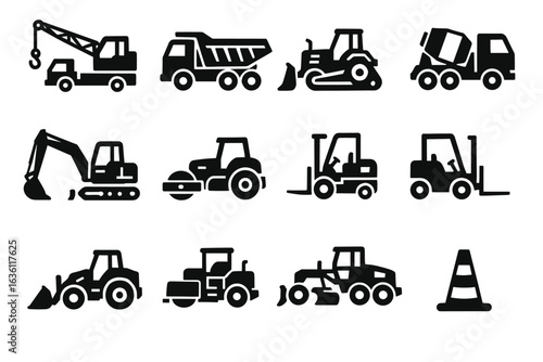 Silhouette icons of construction vehicles and equipment