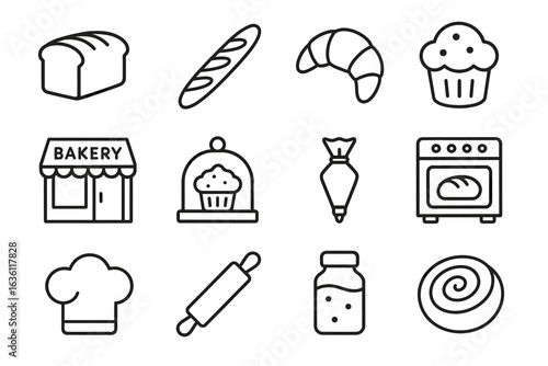 Bakery icons: bread, pastries, chef hat, rolling pin, oven, and more