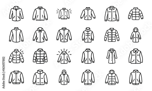 Winter Jacket and Coat Icon Set – Minimal Line Style Vector Illustrations of Outerwear, Puffer Jackets, Parkas, Hooded Coats, and Fashion Clothing Icons for Cold Weather Design Projects