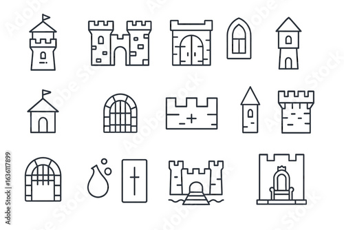 Collection of linear medieval castle icons with towers and gates