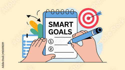 hands writing smart goals on a notepad with a target in the background vector illustration 