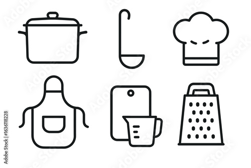 Black and white kitchen utensil icons with pot, ladle, chef hat, apron, cutting board, grater