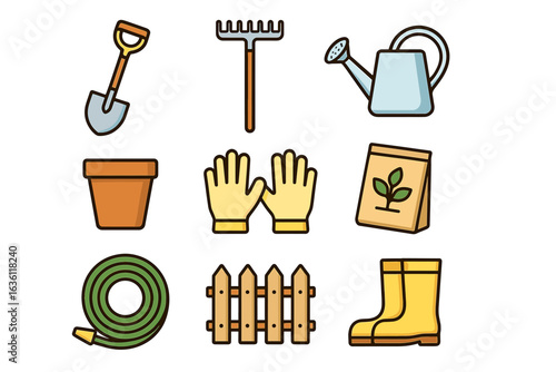 Gardening tools set: shovel, rake, watering can, gloves, seeds, hose, fence, boots, pot