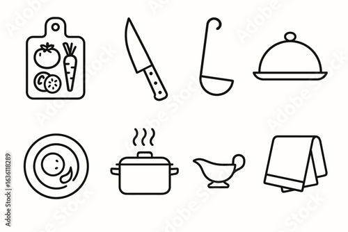 Cooking utensil icons: knife, cutting board, pot, plate, ladle, towel, dish cover, gravy boat