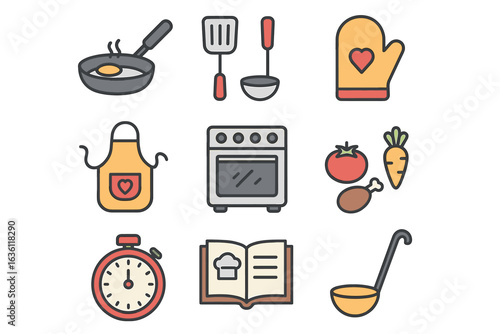Minimalist cooking icons: kitchen tools, recipe book, and ingredients illustrated