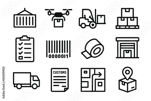 Icons of shipping and logistics: drone, forklift, container, truck, customs