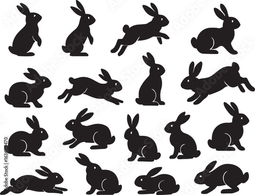 Black rabbit silhouettes in various poses bunny white background