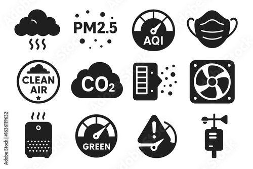 Air quality icons: masks, co2, aqi, clean air, pollution, fans, sensors