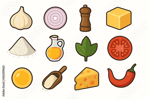 Colorful assortment of cooking ingredients including spices, vegetables, and dairy