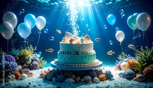 Celebrating Underwater Two-tier Cake Surrounded by Balloons and Fish