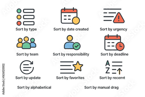 Various icons for sorting categories like date, urgency, team, and more