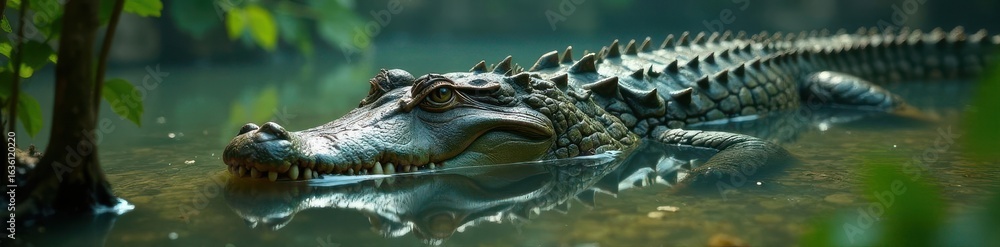 Fototapeta premium Massive alligator submerged in murky swamp water, reptile, hide