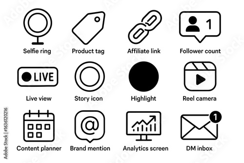 Social media icons set: selfie, tags, links, followers, live, stories, highlights, reels