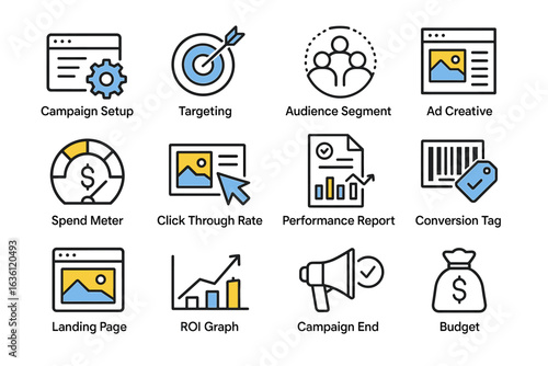 Digital marketing icons: campaign setup, targeting, audience, ads, roi