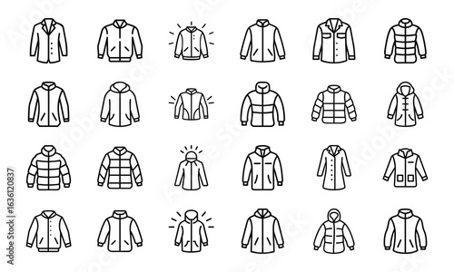 Winter Jacket and Coat Icon Set – Minimal Line Style Vector Illustrations of Outerwear, Puffer Jackets, Parkas, Hooded Coats, and Fashion Clothing Icons for Cold Weather Design Projects
