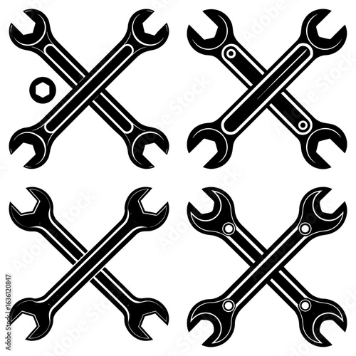 Four crossed wrenches in black and white with one loose nut and bolt head in the upper left corner