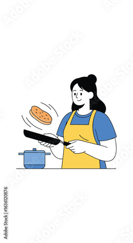 A woman in an apron skillfully flips a pancake in a frying pan creating a delicious breakfast meal for enjoyment
