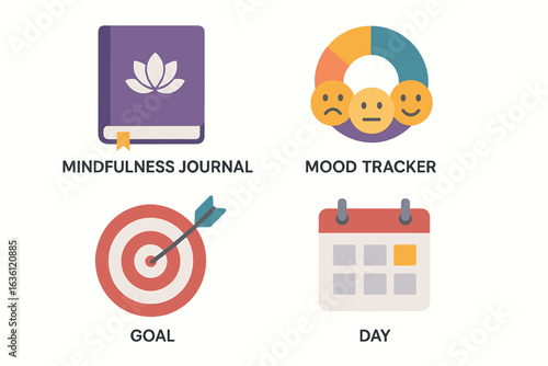 Mindfulness journal, mood tracker, goal setting, daily planner icons