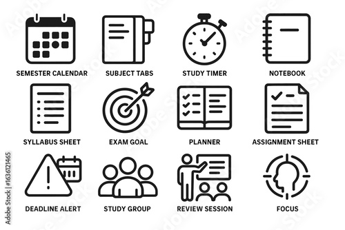 Academic planning icons: semester calendar, study timer, exam goals, assignment sheet